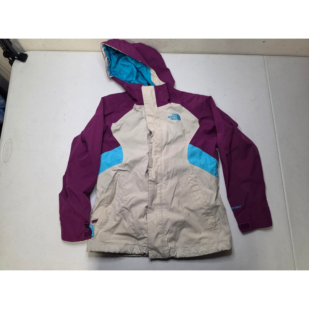 The North Face HyVent Hooded Jacket Kids Size S 7/8 Purple Beige Colorblock